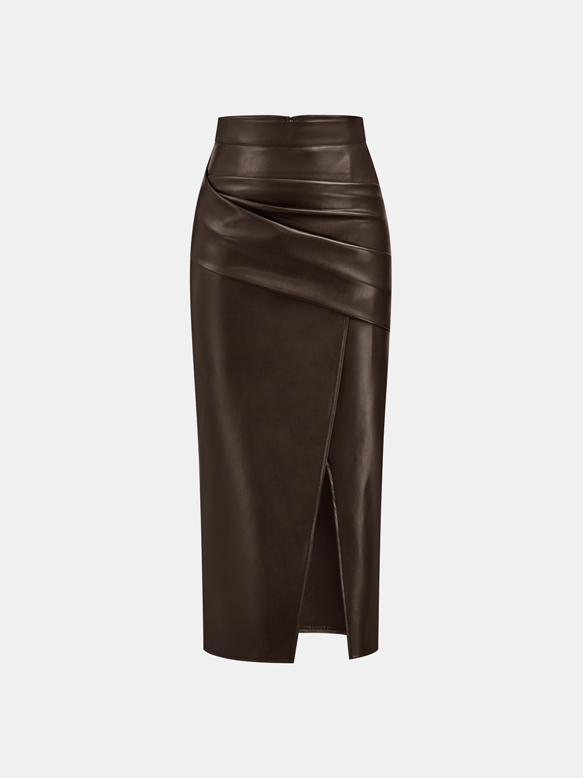 Ruched Slit PU Leather Midi Skirt