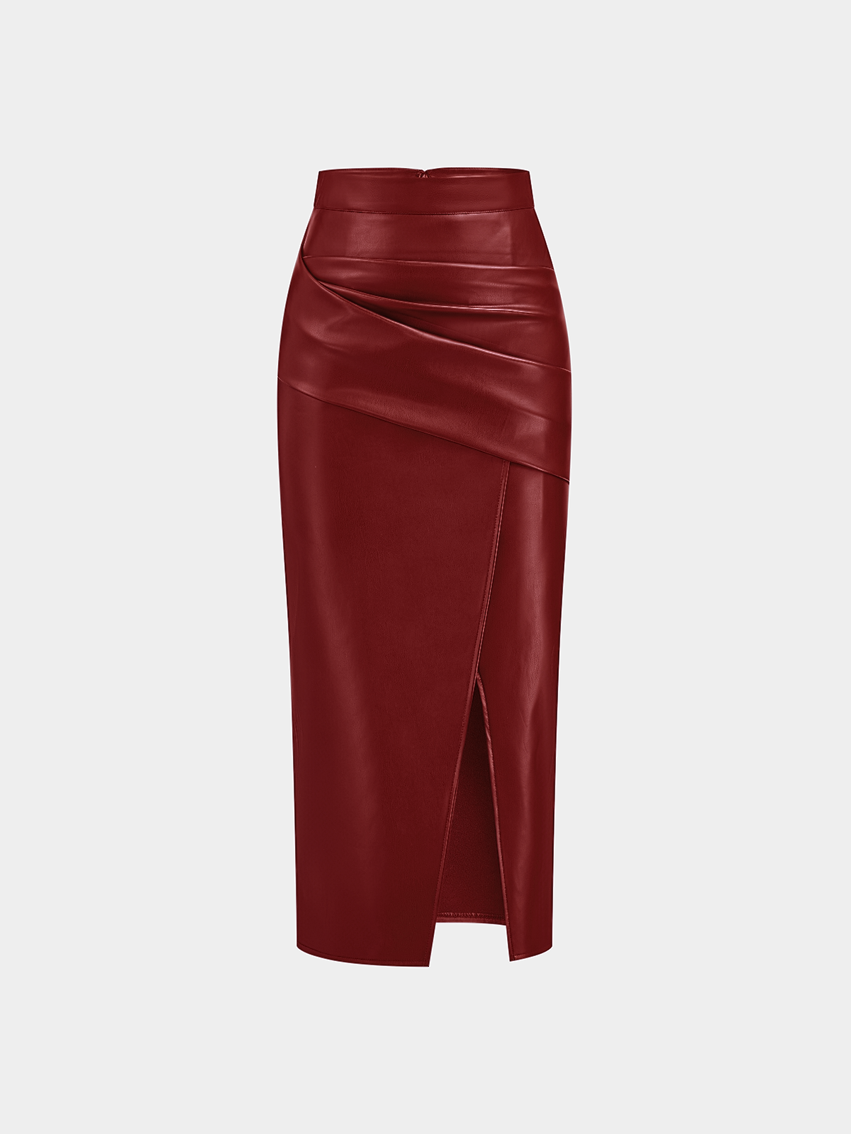 Ruched Slit PU Leather Midi Skirt