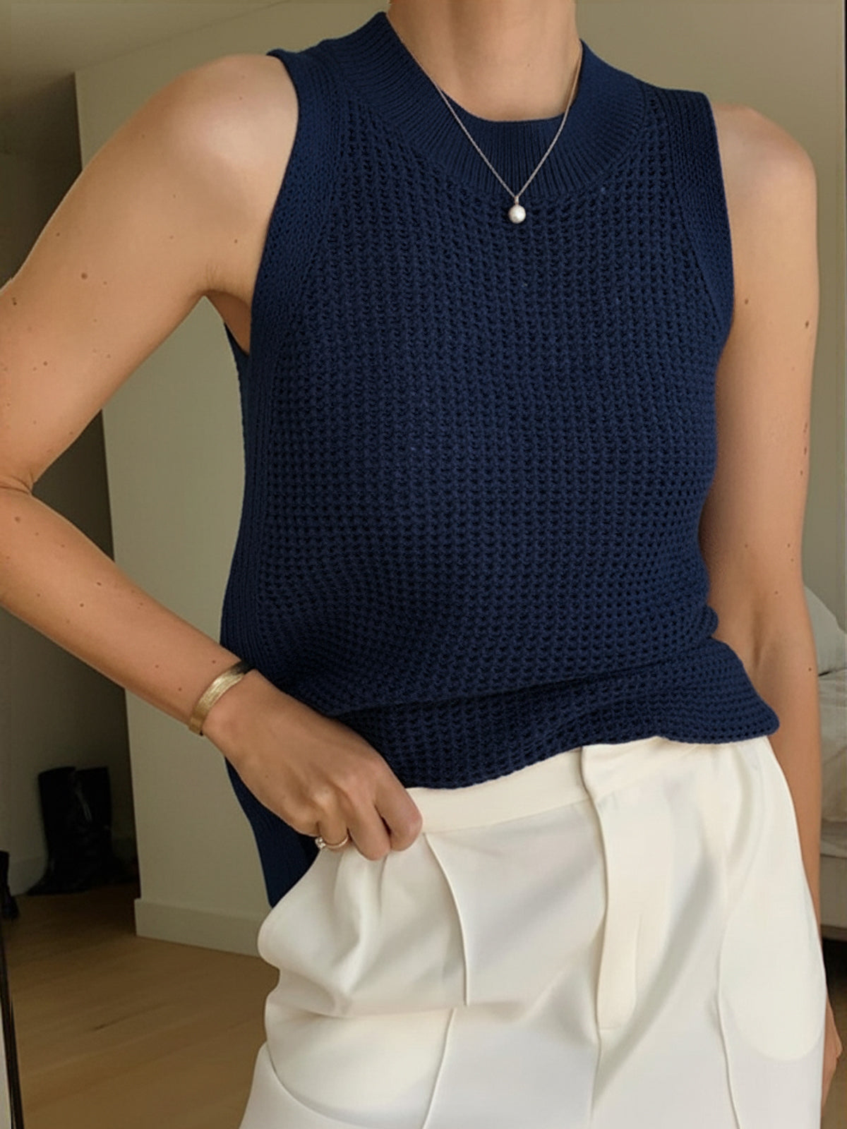 Knit Hollow Solid Tank Top