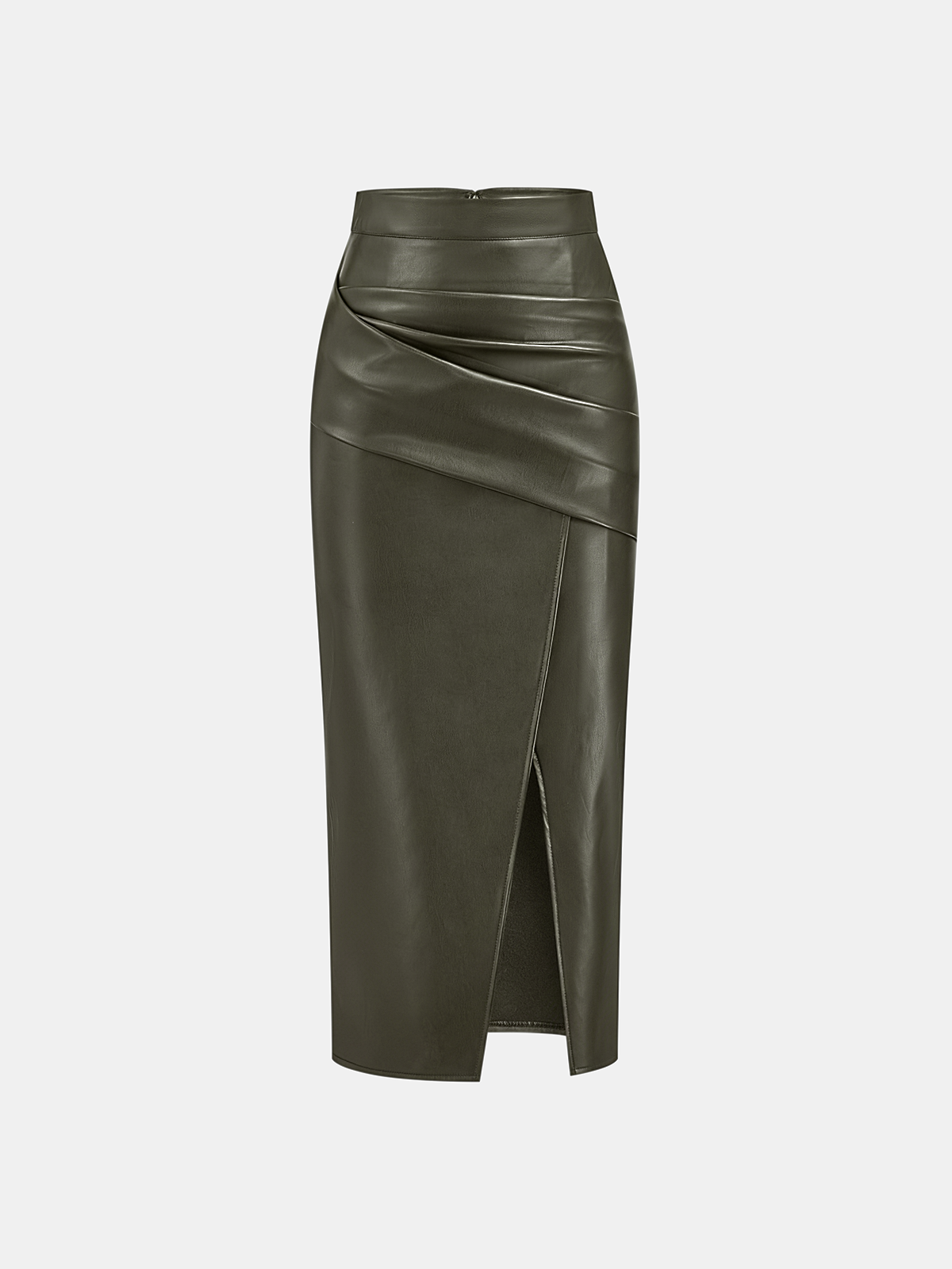 Ruched Slit PU Leather Midi Skirt